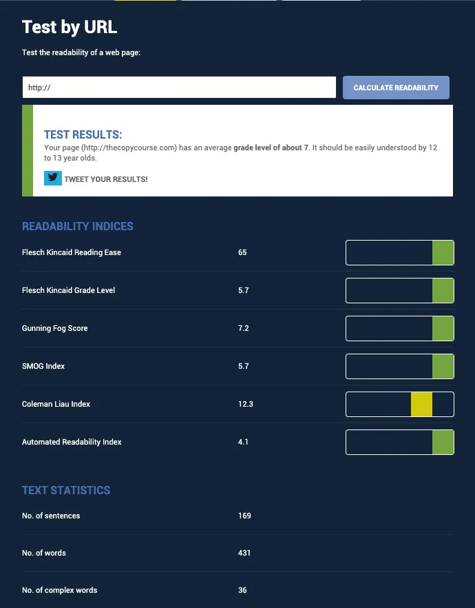 Screenshot of a readability report for The Copycourse website, showing green highlights.