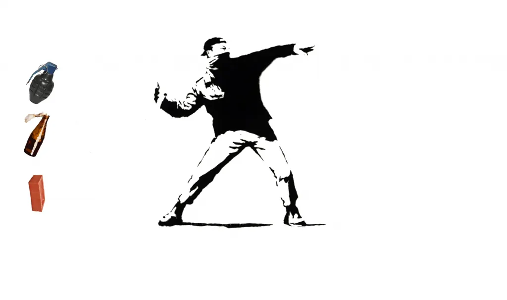 Banksy artwork showing a figure throwing a bouquet of flowers, with visual analysis overlays.