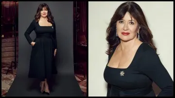 Daisy Goodwin, wearing her Jasper Conran dress, photographed in the Revery Bar at London Hilton on Park Lane