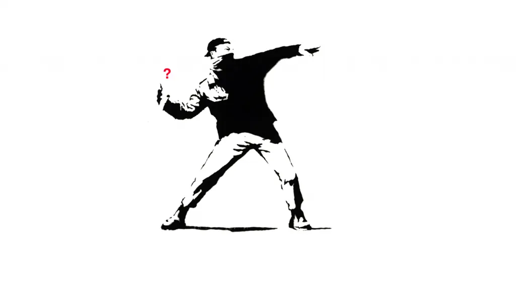 Banksy artwork depicting a figure throwing a bouquet of flowers.
