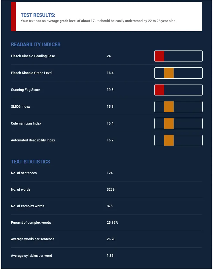 Screenshot of a readability report for a law firm's website, showing red and green highlights.