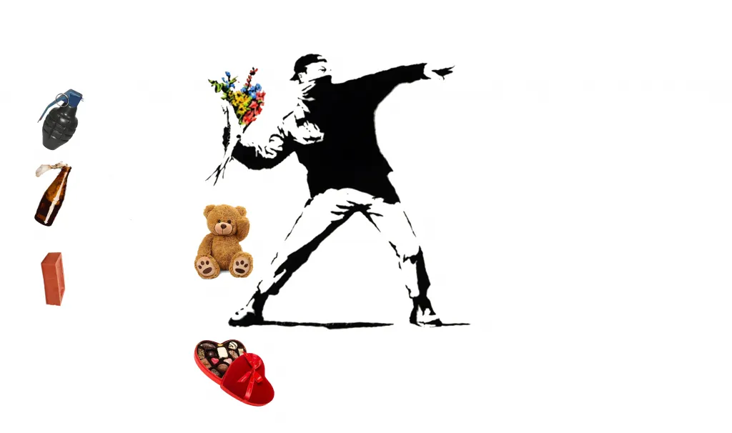 Banksy artwork showing a figure throwing a bouquet of flowers, with a breakdown of its components.