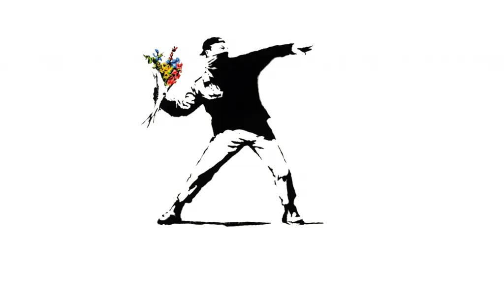 Banksy artwork showing a figure throwing a bouquet of flowers, with a final analysis.